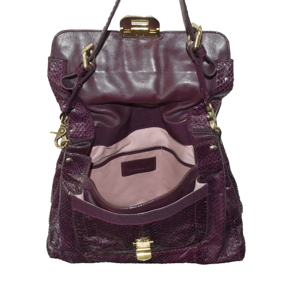Auth NINA RICCI Drk Raspberry Python Texture Leather Fold Over Liane Satchel Bag - Picture 8 of 12